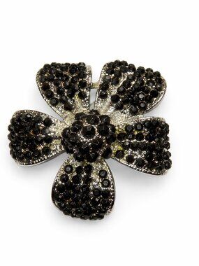 Black Vintage Rhinestone Floral Brooch Silver Tone Statement Pin 2"‎